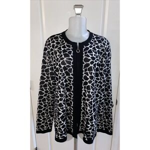 Exclusively Misook Black White Animal Print Zip Cardigan Sweater Size XL